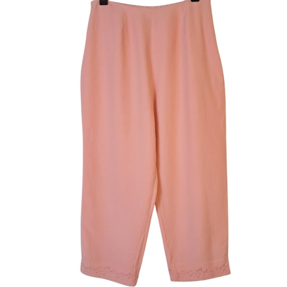 DRESSBARN L Peach Pink‎ Linen Silk Pants Cropped Embroidered Hem Lightweight